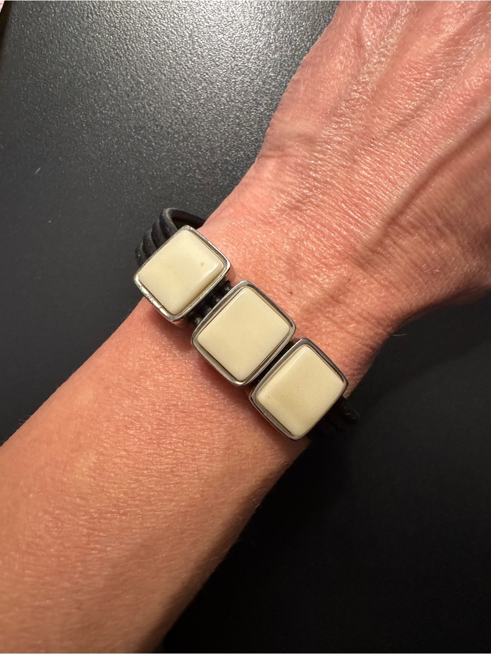 Ralph Lauren Black Leather Cream Enamel Silver Tone Bracelet